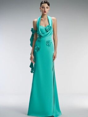 Oasis Couture Thigh-High Maxi Dress with 3D Floral Appliques in Mint Green